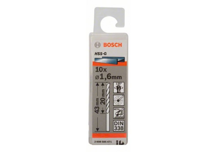 Forets à métaux rectifiés HSS-G, DIN 338 1,6 x 20 x 43 mm Pack de 10 - 2608585471 - Bosch