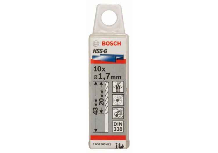 Forets à métaux rectifiés HSS-G, DIN 338 1,7 x 20 x 43 mm Pack de 10 - 2608585472 - Bosch
