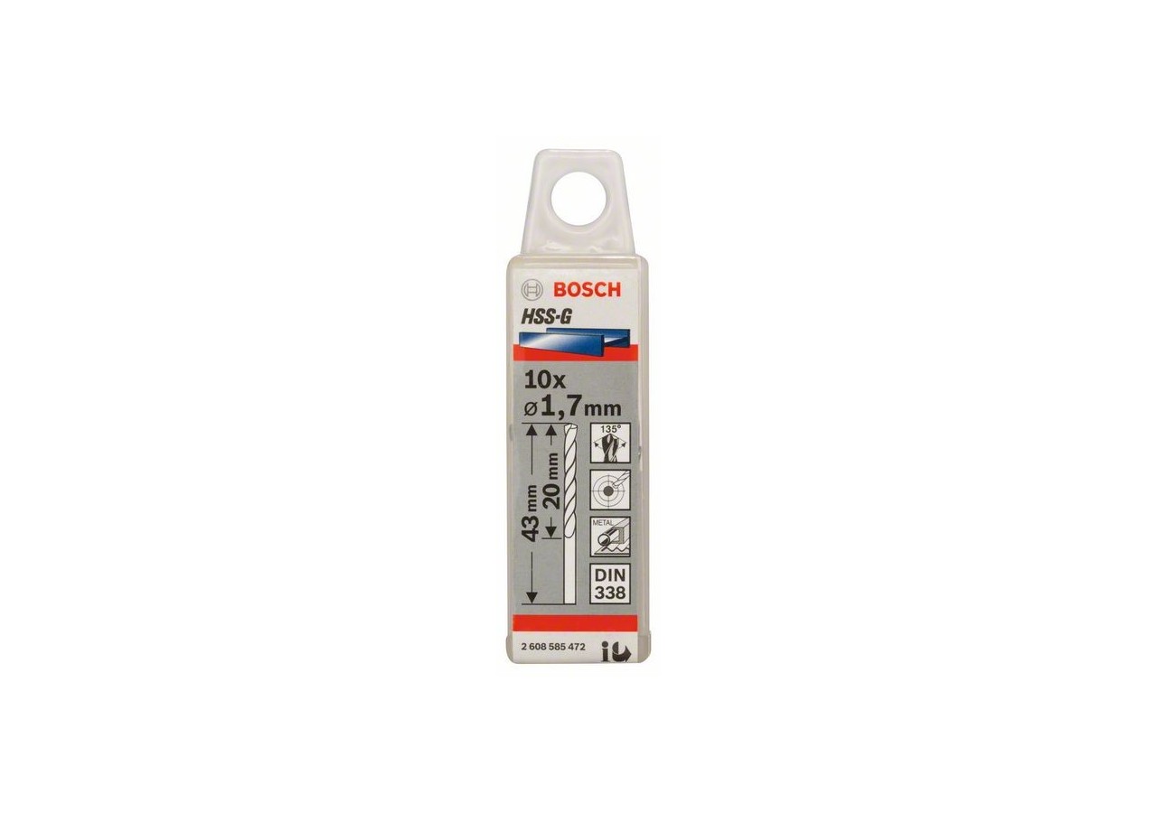 Forets à métaux rectifiés HSS-G, DIN 338 1,7 x 20 x 43 mm Pack de 10 - 2608585472 - Bosch