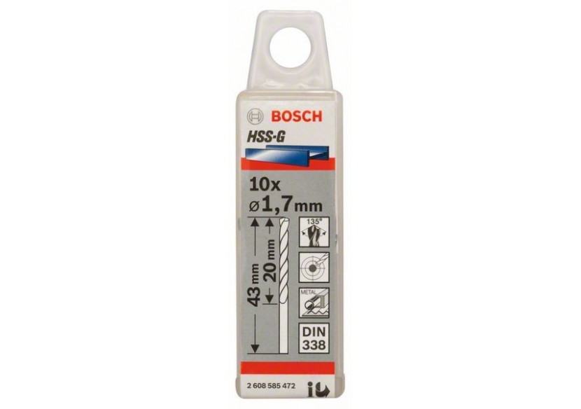 Forets à métaux rectifiés HSS-G, DIN 338 1,7 x 20 x 43 mm Pack de 10 - 2608585472 - Bosch