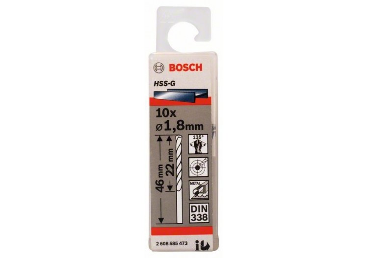 Forets à métaux rectifiés HSS-G, DIN 338 1,8 x 22 x 46 mm Pack de 10 - 2608585473 - Bosch
