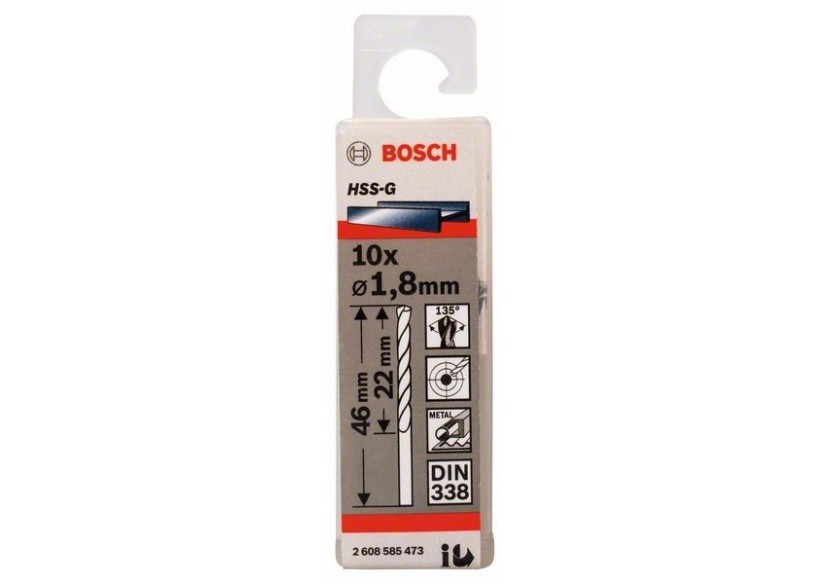 Forets à métaux rectifiés HSS-G, DIN 338 1,8 x 22 x 46 mm Pack de 10 - 2608585473 - Bosch