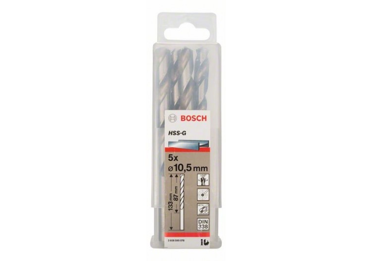 Forets à métaux rectifiés HSS-G, DIN 338 10,5 x 87 x 133 mm Pack de 5 - 2608595078 - Bosch