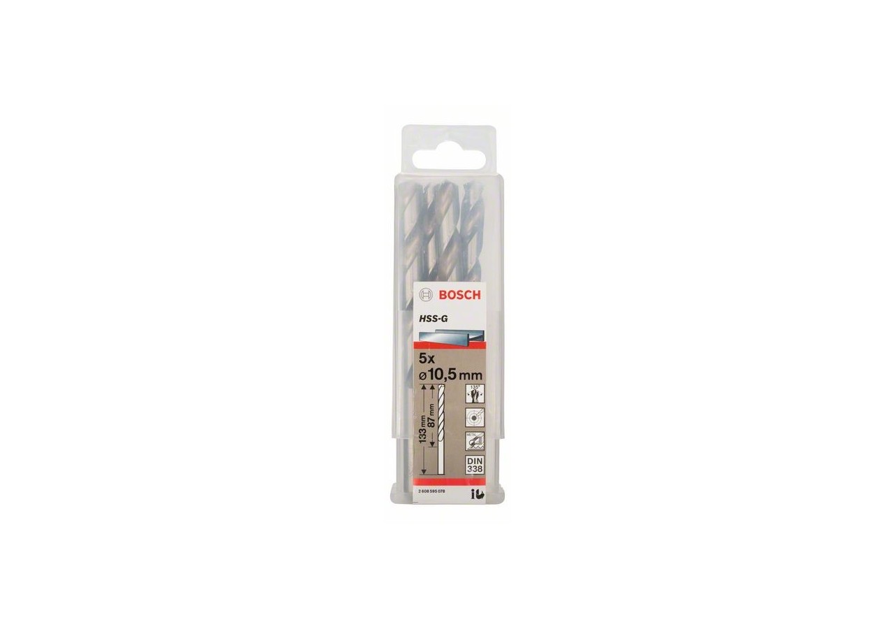 Forets à métaux rectifiés HSS-G, DIN 338 10,5 x 87 x 133 mm Pack de 5 - 2608595078 - Bosch