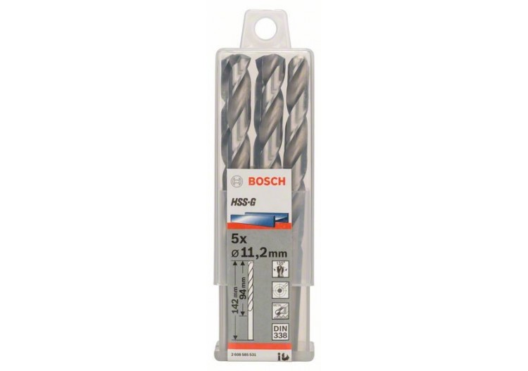 Forets à métaux rectifiés HSS-G, DIN 338 11,2 x 94 x 142 mm Pack de 5 - 2608585531 - Bosch