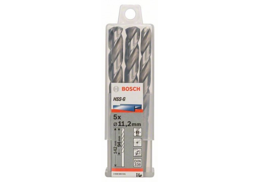 Forets à métaux rectifiés HSS-G, DIN 338 11,2 x 94 x 142 mm Pack de 5 - 2608585531 - Bosch