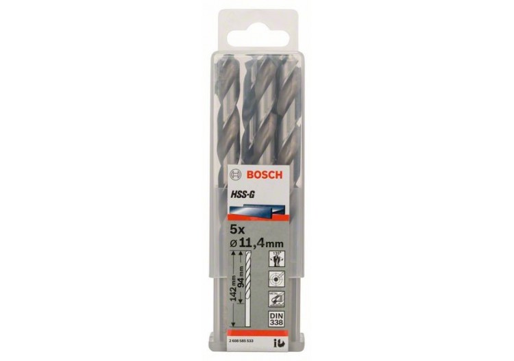 Forets à métaux rectifiés HSS-G, DIN 338 11,4 x 94 x 142 mm Pack de 5 - 2608585533 - Bosch