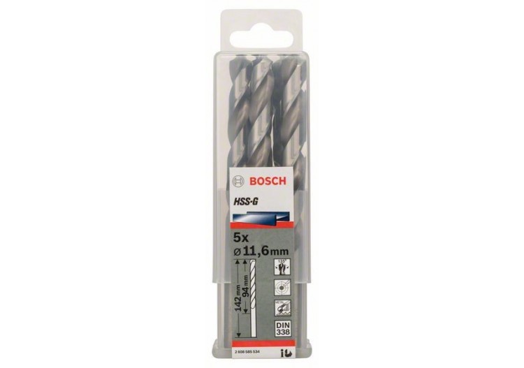 Forets à métaux rectifiés HSS-G, DIN 338 11,6 x 94 x 142 mm Pack de 5 - 2608585534 - Bosch