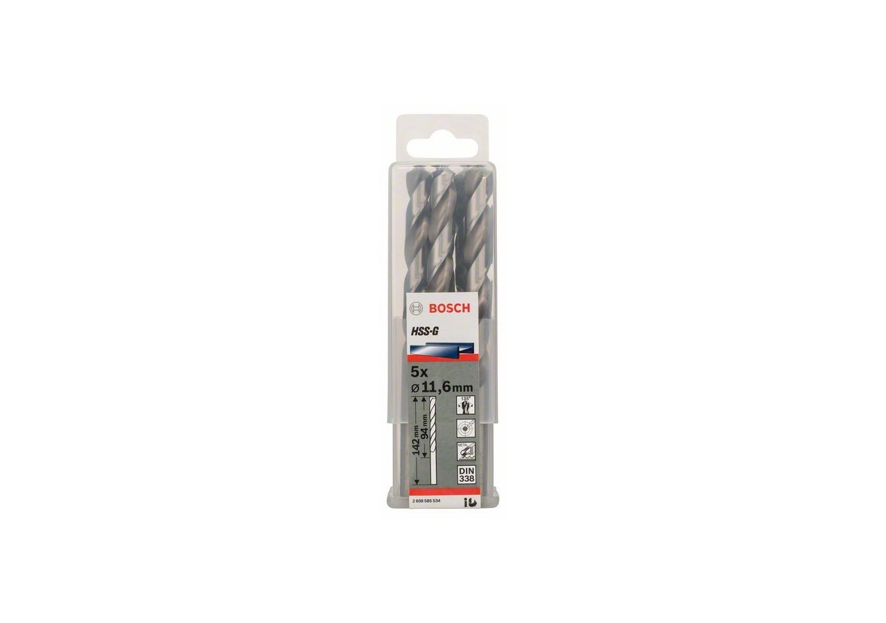 Forets à métaux rectifiés HSS-G, DIN 338 11,6 x 94 x 142 mm Pack de 5 - 2608585534 - Bosch