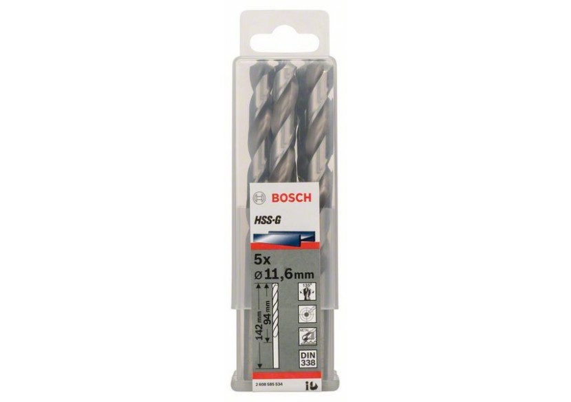 Forets à métaux rectifiés HSS-G, DIN 338 11,6 x 94 x 142 mm Pack de 5 - 2608585534 - Bosch