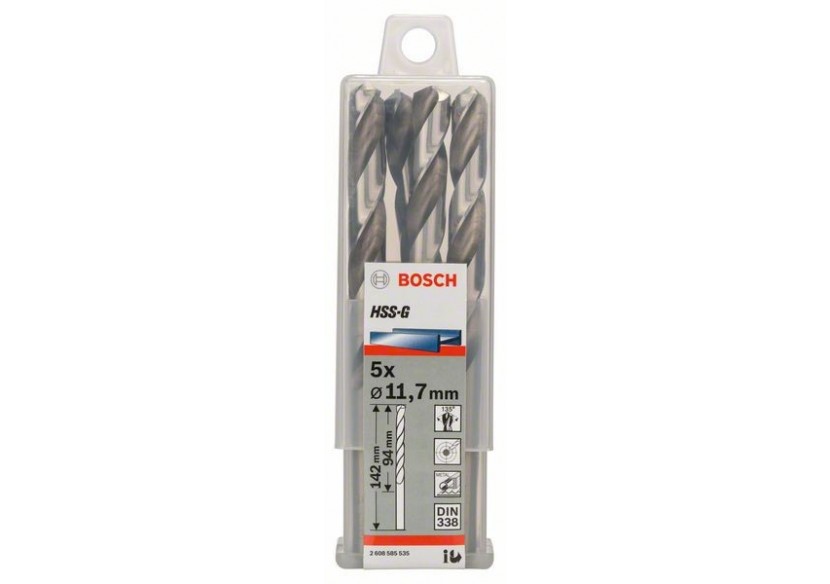 Forets à métaux rectifiés HSS-G, DIN 338 11,7 x 94 x 142 mm Pack de 5 - 2608585535 - Bosch