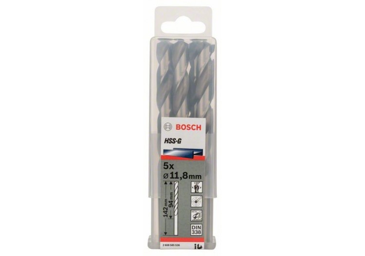 Forets à métaux rectifiés HSS-G, DIN 338 11,8 x 101 x 151 mm Pack de 5 - 2608585536 - Bosch