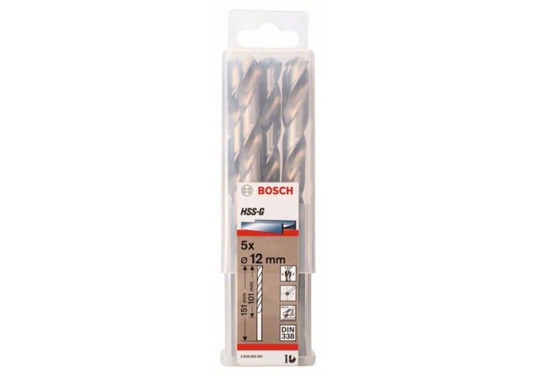 Forets à métaux rectifiés HSS-G, DIN 338 12 x 101 x 151 mm Pack de 5 - 2608595081 - Bosch
