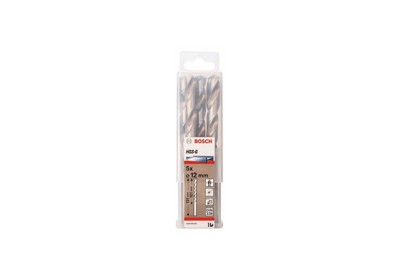 Forets à métaux rectifiés HSS-G, DIN 338 12 x 101 x 151 mm Pack de 5 - 2608595081 - Bosch
