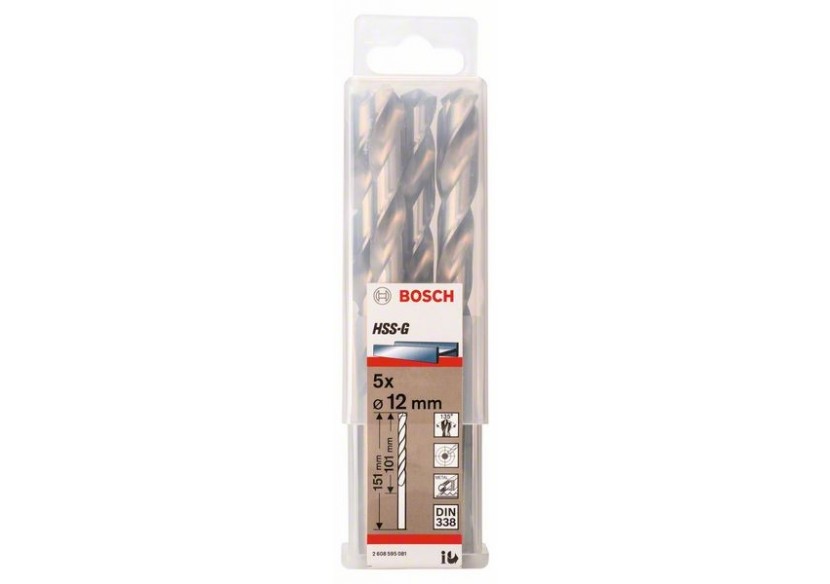 Forets à métaux rectifiés HSS-G, DIN 338 12 x 101 x 151 mm Pack de 5 - 2608595081 - Bosch