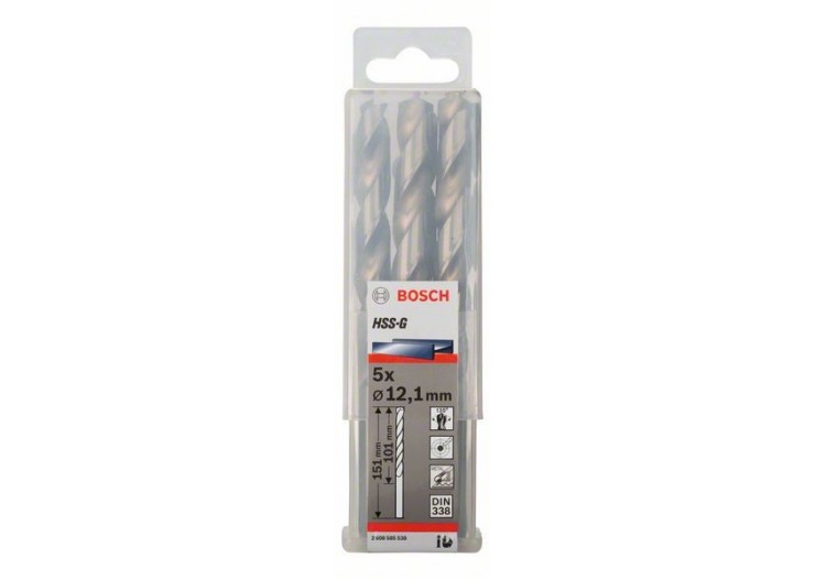 Forets à métaux rectifiés HSS-G, DIN 338 12,1 x 101 x 151 mm Pack de 5 - 2608585538 - Bosch