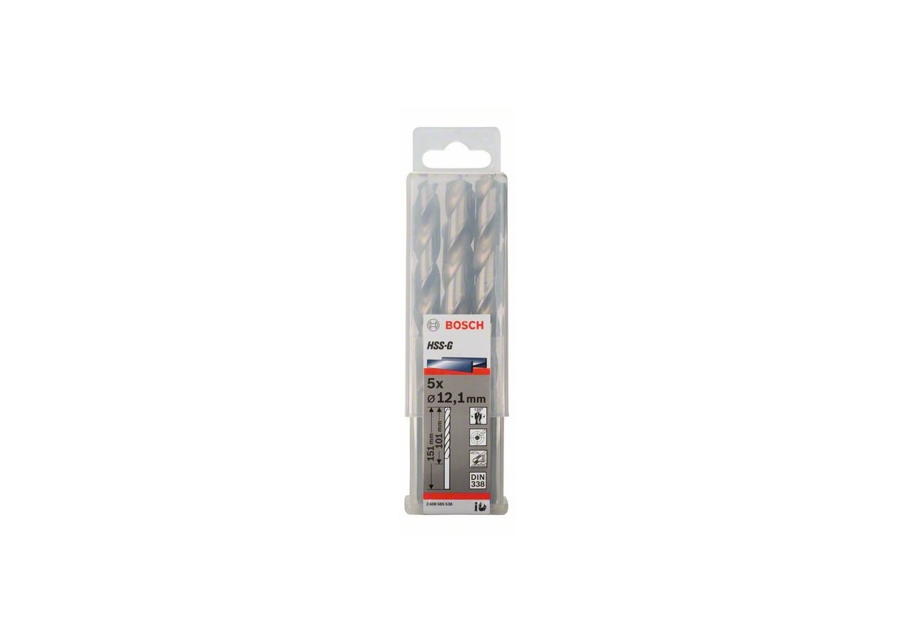 Forets à métaux rectifiés HSS-G, DIN 338 12,1 x 101 x 151 mm Pack de 5 - 2608585538 - Bosch