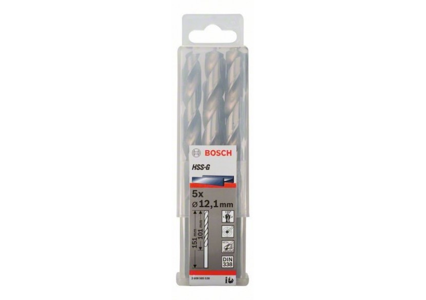 Forets à métaux rectifiés HSS-G, DIN 338 12,1 x 101 x 151 mm Pack de 5 - 2608585538 - Bosch