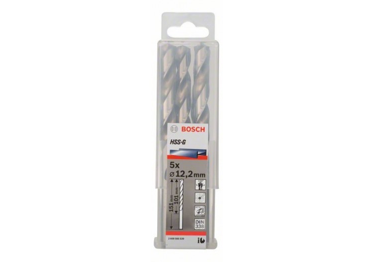 Forets à métaux rectifiés HSS-G, DIN 338 12,2 x 101 x 151 mm Pack de 5 - 2608585539 - Bosch
