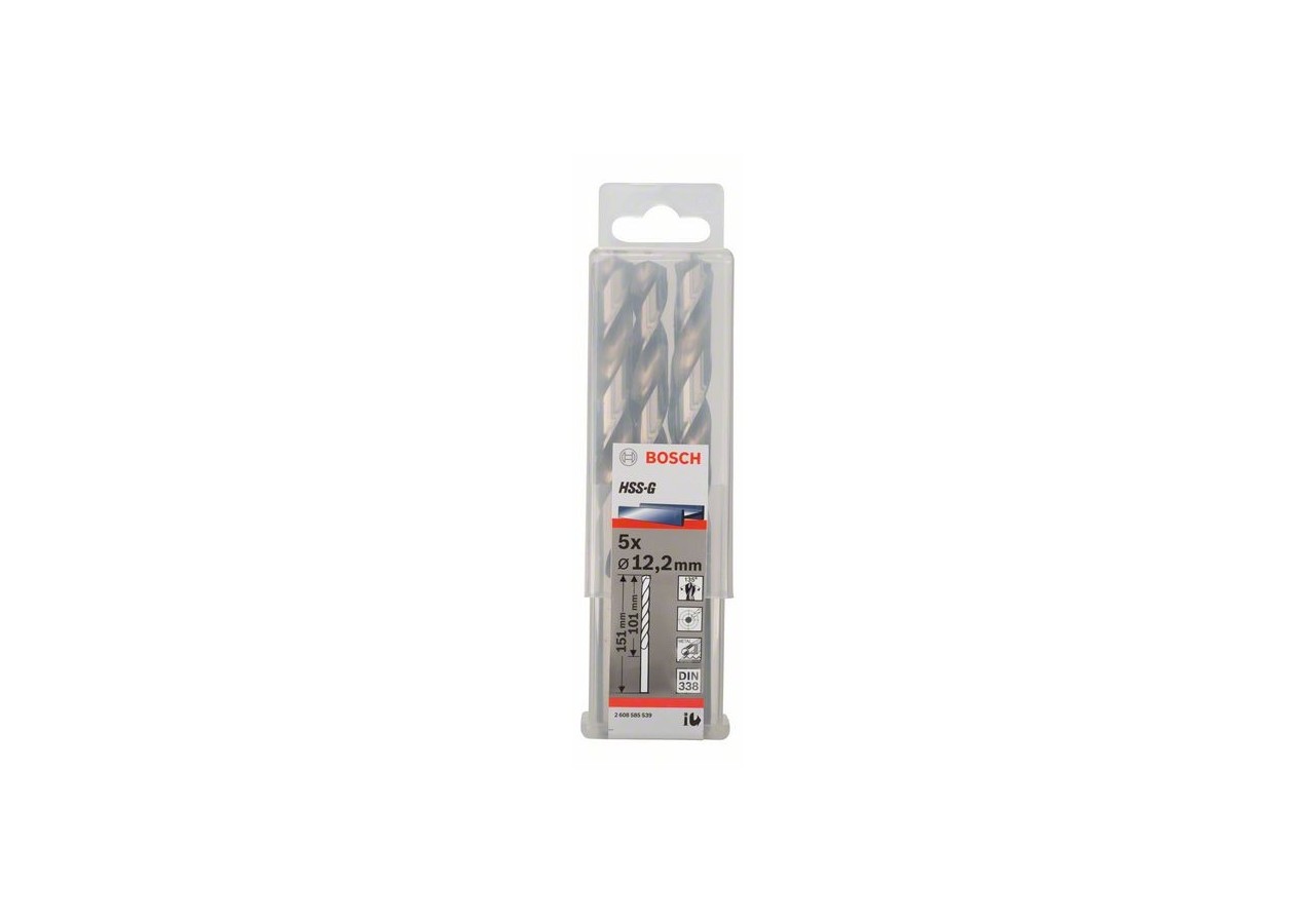 Forets à métaux rectifiés HSS-G, DIN 338 12,2 x 101 x 151 mm Pack de 5 - 2608585539 - Bosch