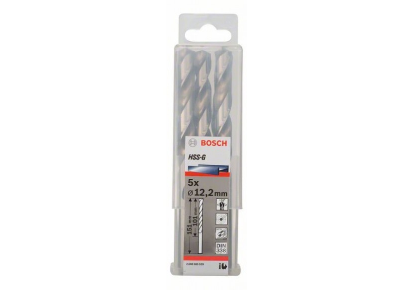 Forets à métaux rectifiés HSS-G, DIN 338 12,2 x 101 x 151 mm Pack de 5 - 2608585539 - Bosch