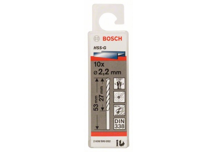 Forets à métaux rectifiés HSS-G, DIN 338 2,2 x 27 x 53 mm Pack de 10 - 2608595052 - Bosch