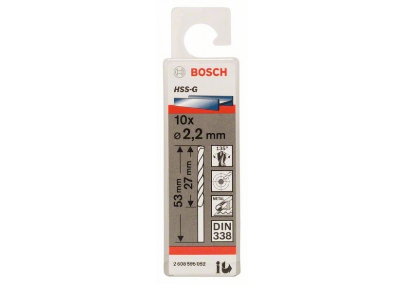 Forets à métaux rectifiés HSS-G, DIN 338 2,2 x 27 x 53 mm Pack de 10 - 2608595052 - Bosch