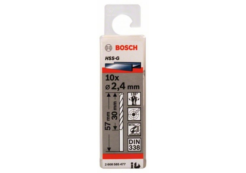 Forets à métaux rectifiés HSS-G, DIN 338 2,4 x 30 x 57 mm Pack de 10 - 2608585477 - Bosch