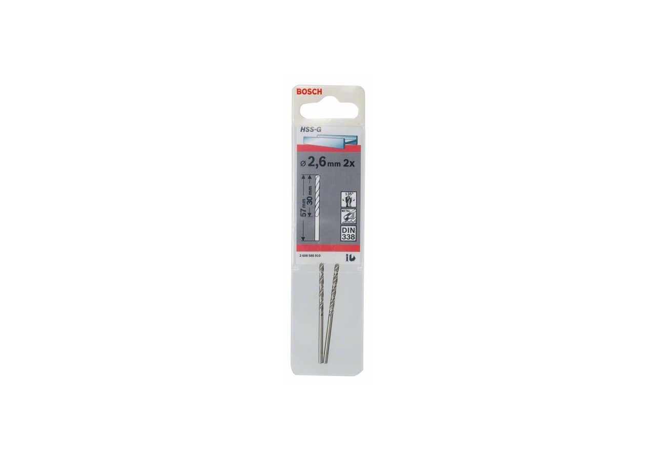 Forets à métaux rectifiés HSS-G, DIN 338 2,6 x 30 x 57 mm Pack de 2 - 2608585910 - Bosch