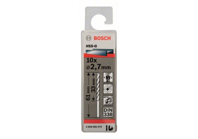 Forets à métaux rectifiés HSS-G, DIN 338 2,7 x 33 x 61 mm Pack de 10 - 2608585479 - Bosch
