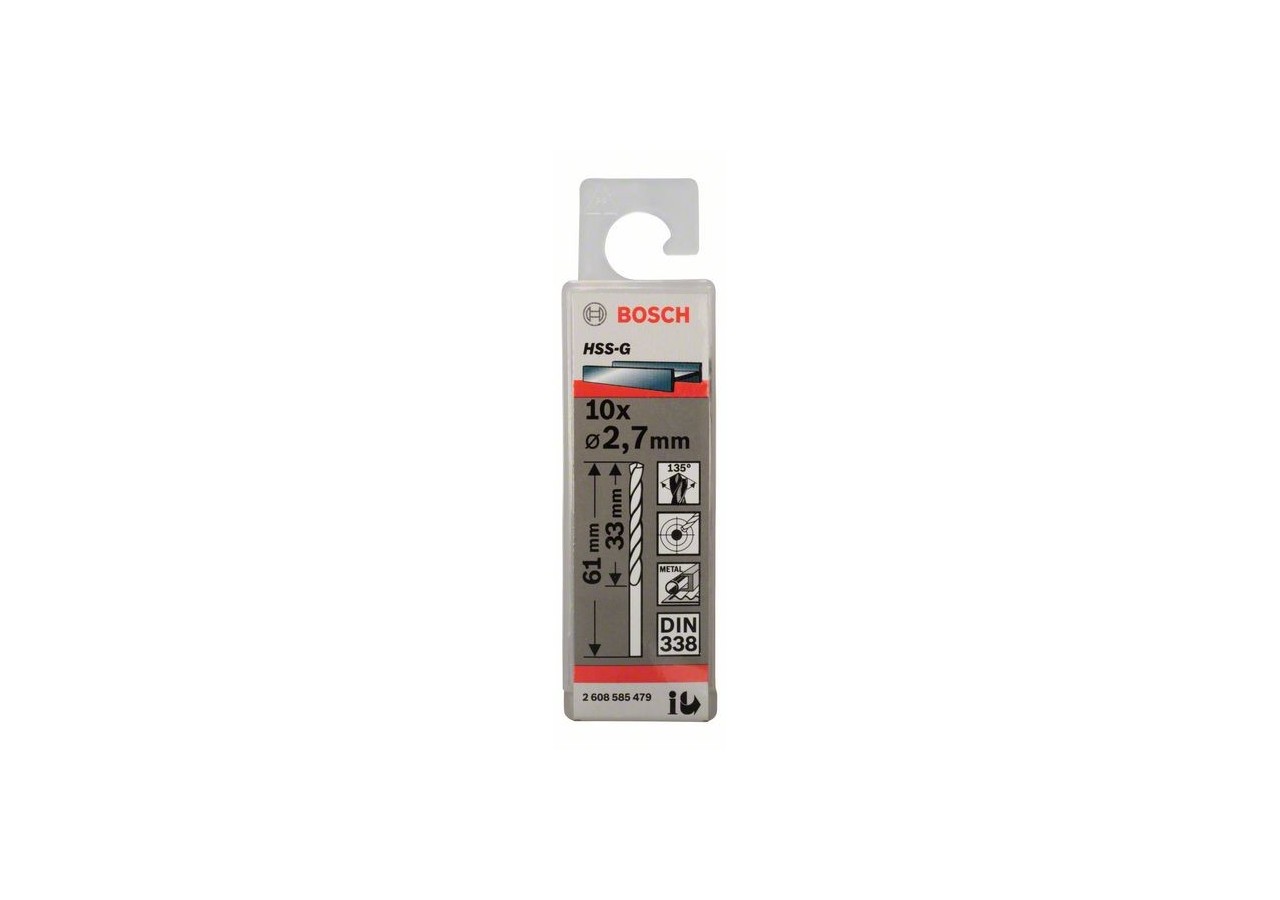 Forets à métaux rectifiés HSS-G, DIN 338 2,7 x 33 x 61 mm Pack de 10 - 2608585479 - Bosch
