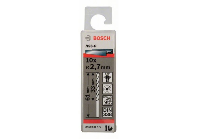 Forets à métaux rectifiés HSS-G, DIN 338 2,7 x 33 x 61 mm Pack de 10 - 2608585479 - Bosch