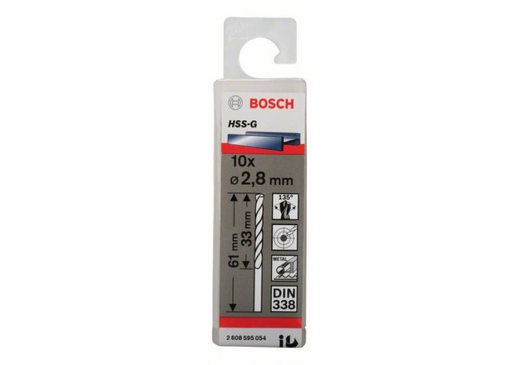 Forets à métaux rectifiés HSS-G, DIN 338 2,8 x 33 x 61 mm Pack de 10 - 2608595054 - Bosch