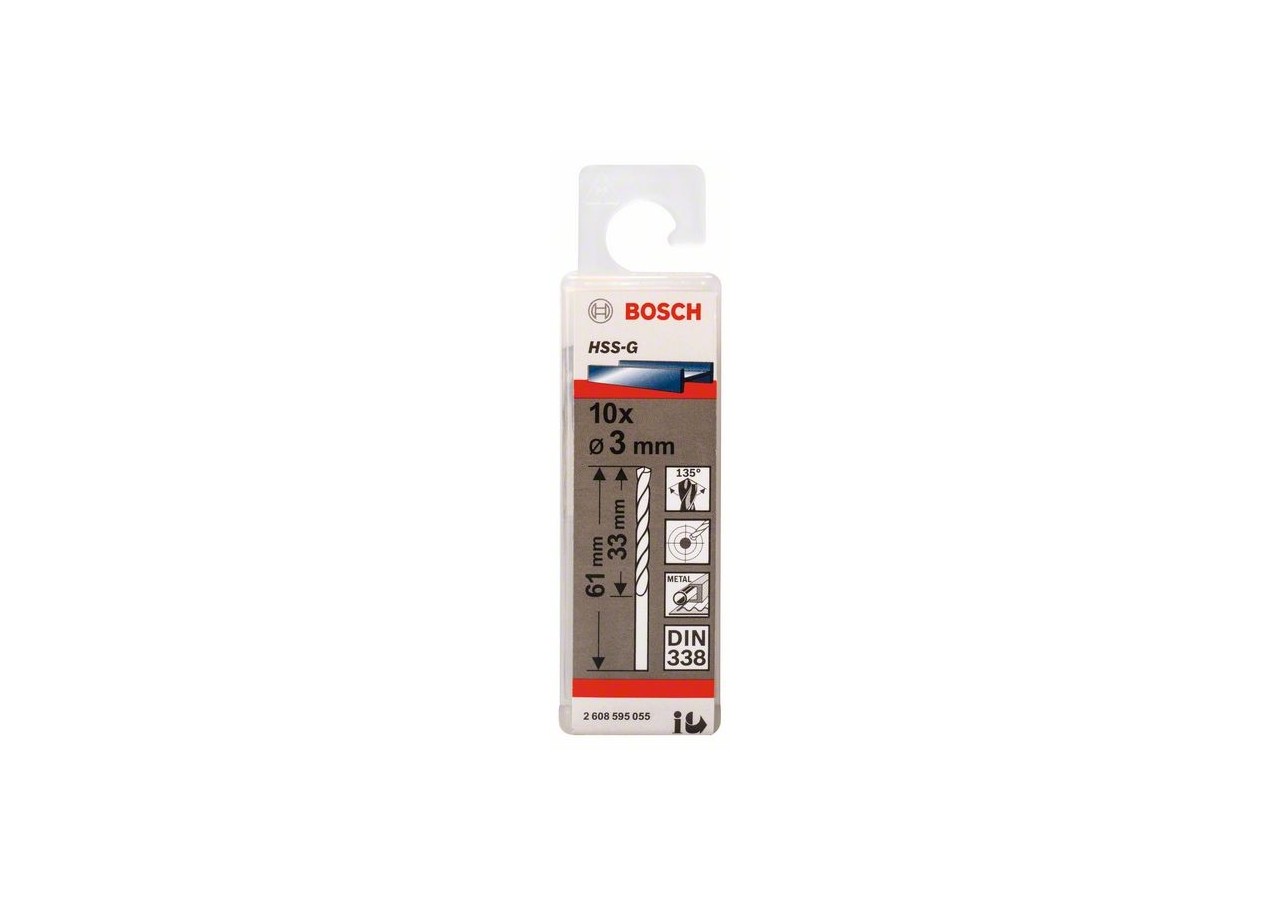 Forets à métaux rectifiés HSS-G, DIN 338 3 x 33 x 61 mm Pack de 10 - 2608595055 - Bosch