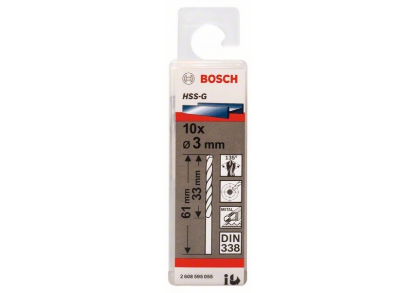 Forets à métaux rectifiés HSS-G, DIN 338 3 x 33 x 61 mm Pack de 10 - 2608595055 - Bosch
