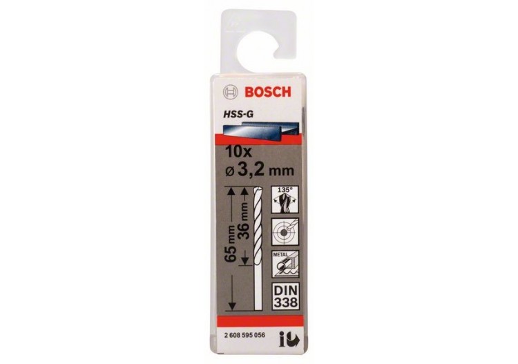 Forets à métaux rectifiés HSS-G, DIN 338 3,2 x 36 x 65 mm Pack de 10 - 2608595056 - Bosch