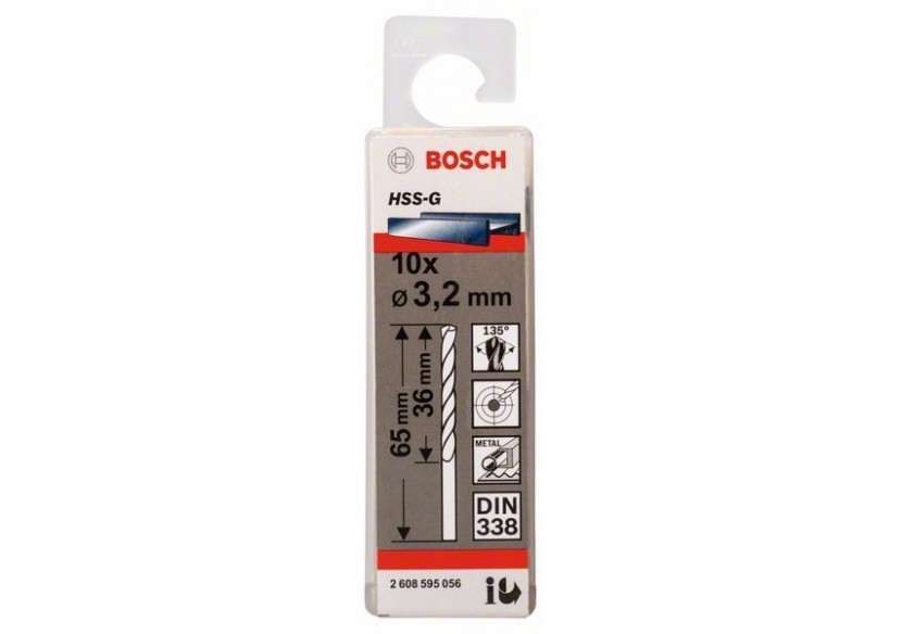 Forets à métaux rectifiés HSS-G, DIN 338 3,2 x 36 x 65 mm Pack de 10 - 2608595056 - Bosch