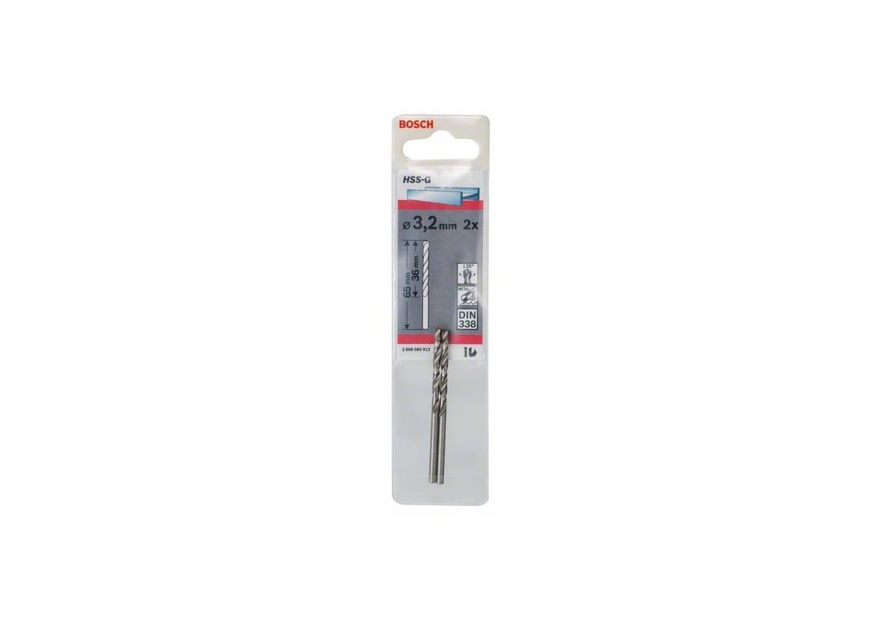 Forets à métaux rectifiés HSS-G, DIN 338 3,2 x 36 x 65 mm Pack de 2 - 2608585912 - Bosch