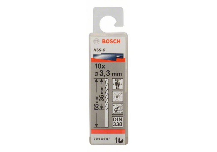 Forets à métaux rectifiés HSS-G, DIN 338 3,3 x 36 x 65 mm Pack de 10 - 2608595057 - Bosch