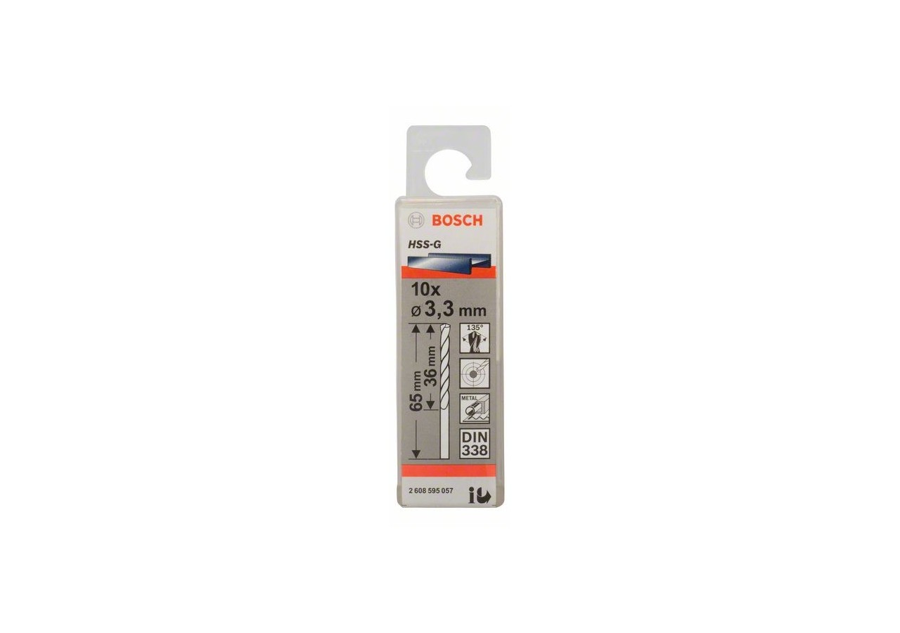 Forets à métaux rectifiés HSS-G, DIN 338 3,3 x 36 x 65 mm Pack de 10 - 2608595057 - Bosch