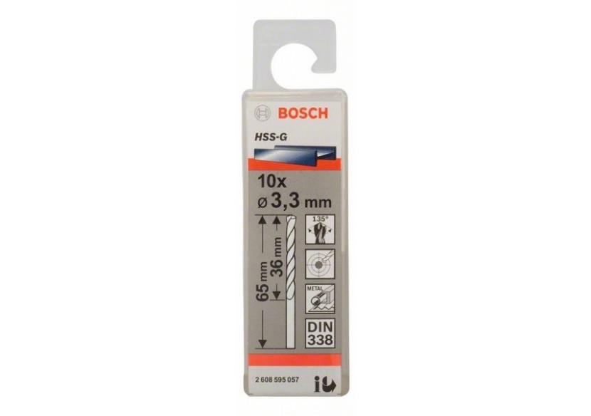 Forets à métaux rectifiés HSS-G, DIN 338 3,3 x 36 x 65 mm Pack de 10 - 2608595057 - Bosch