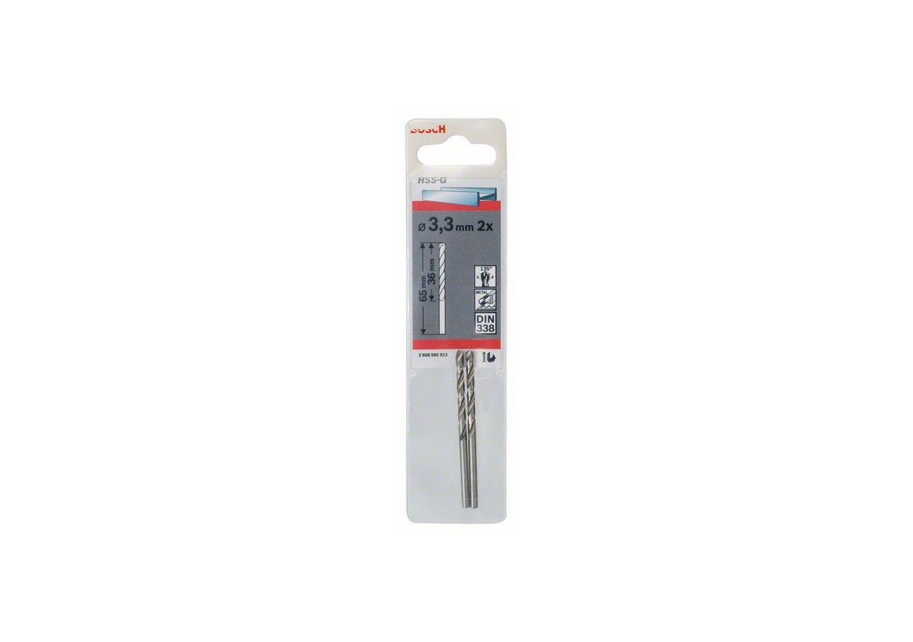 Forets à métaux rectifiés HSS-G, DIN 338 3,3 x 36 x 65 mm Pack de 2 - 2608585913 - Bosch