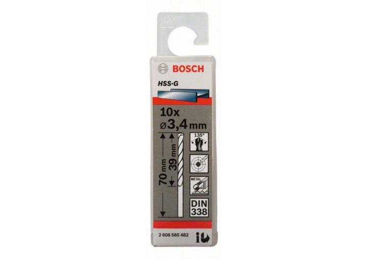 Forets à métaux rectifiés HSS-G, DIN 338 3,4 x 39 x 70 mm Pack de 10 - 2608585482 - Bosch