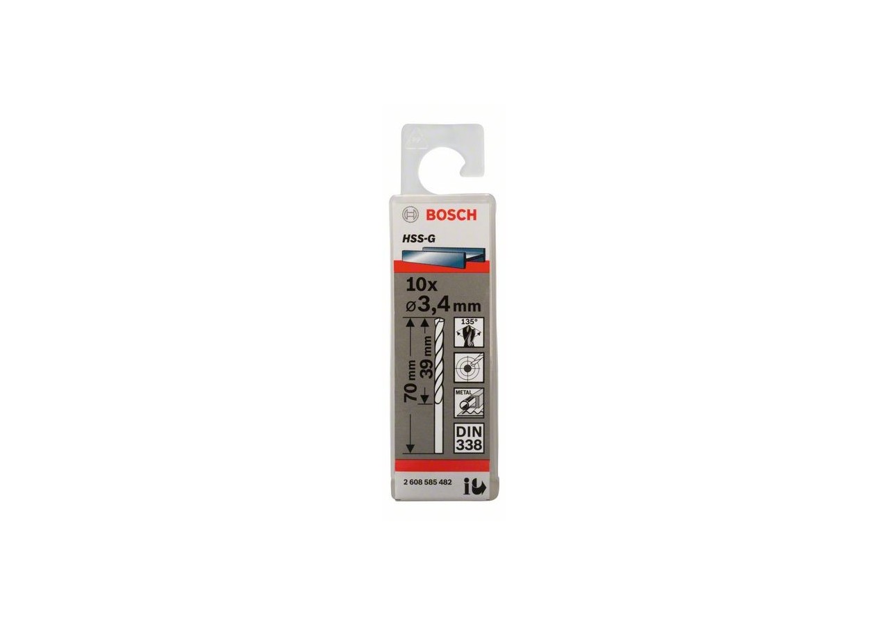 Forets à métaux rectifiés HSS-G, DIN 338 3,4 x 39 x 70 mm Pack de 10 - 2608585482 - Bosch