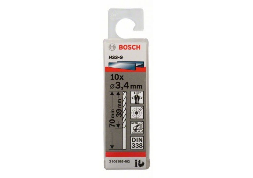 Forets à métaux rectifiés HSS-G, DIN 338 3,4 x 39 x 70 mm Pack de 10 - 2608585482 - Bosch