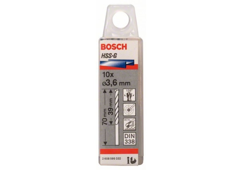 Forets à métaux rectifiés HSS-G, DIN 338 3,6 x 39 x 70 mm Pack de 10 - 2608595332 - Bosch