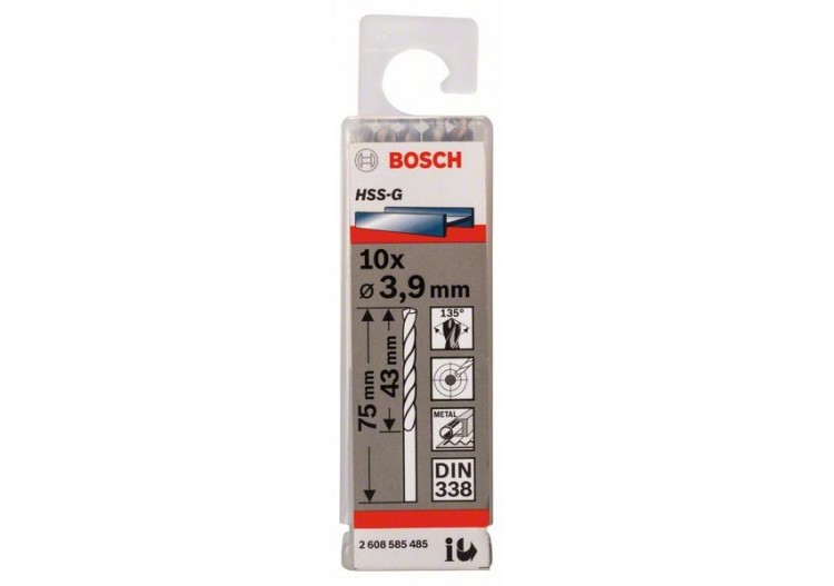 Forets à métaux rectifiés HSS-G, DIN 338 3,9 x 43 x 75 mm Pack de 10 - 2608585485 - Bosch