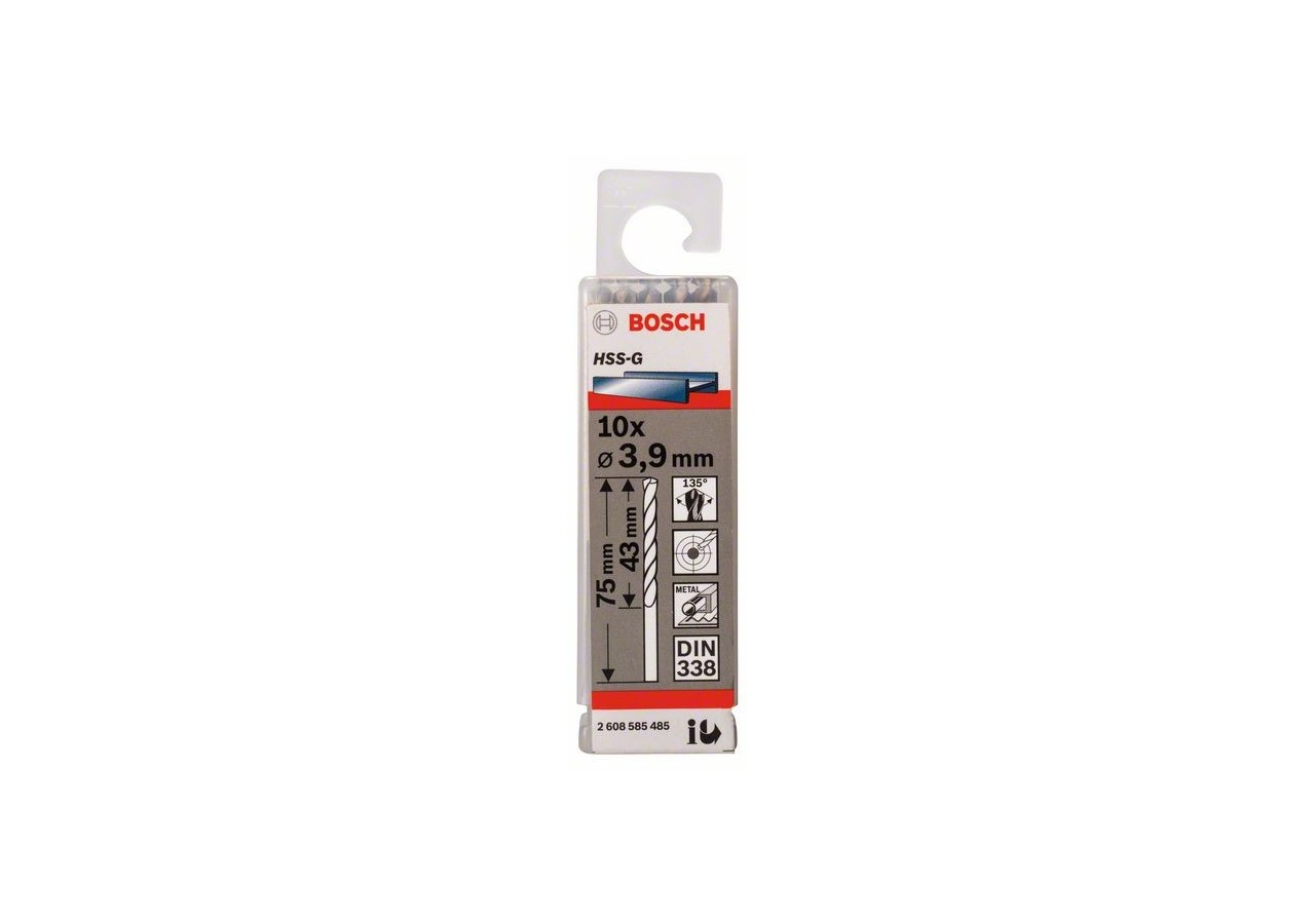 Forets à métaux rectifiés HSS-G, DIN 338 3,9 x 43 x 75 mm Pack de 10 - 2608585485 - Bosch