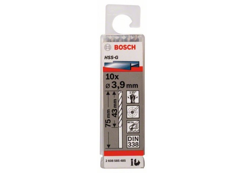 Forets à métaux rectifiés HSS-G, DIN 338 3,9 x 43 x 75 mm Pack de 10 - 2608585485 - Bosch