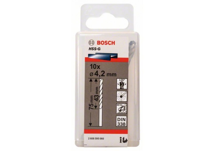 Forets à métaux rectifiés HSS-G, DIN 338 4,2 x 43 x 75 mm Pack de 10 - 2608595060 - Bosch